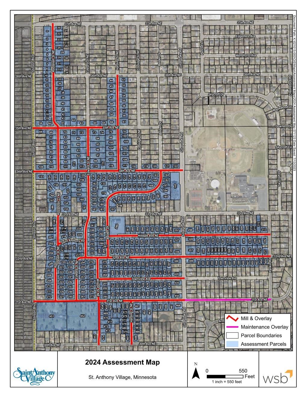 Map highlighting streets in red that will be part of the 2024 mill and overlay project
